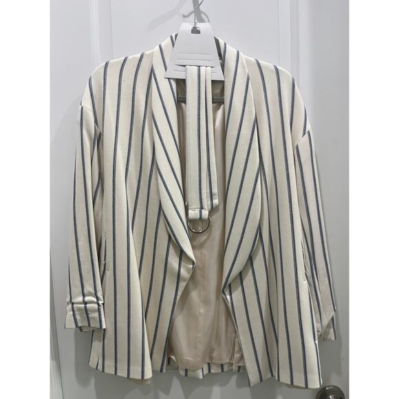 Zara Cream Pinstriped Belted Jacket Sz XS - Picture 1 of 4
